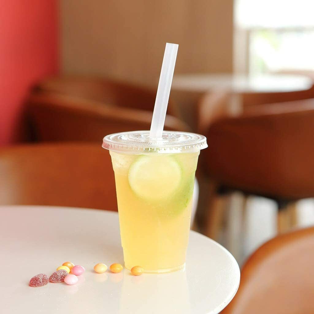 BULK [100 Set] Disposable Plastic To Go Cups with Flat Lids and Straws - Clear gallery