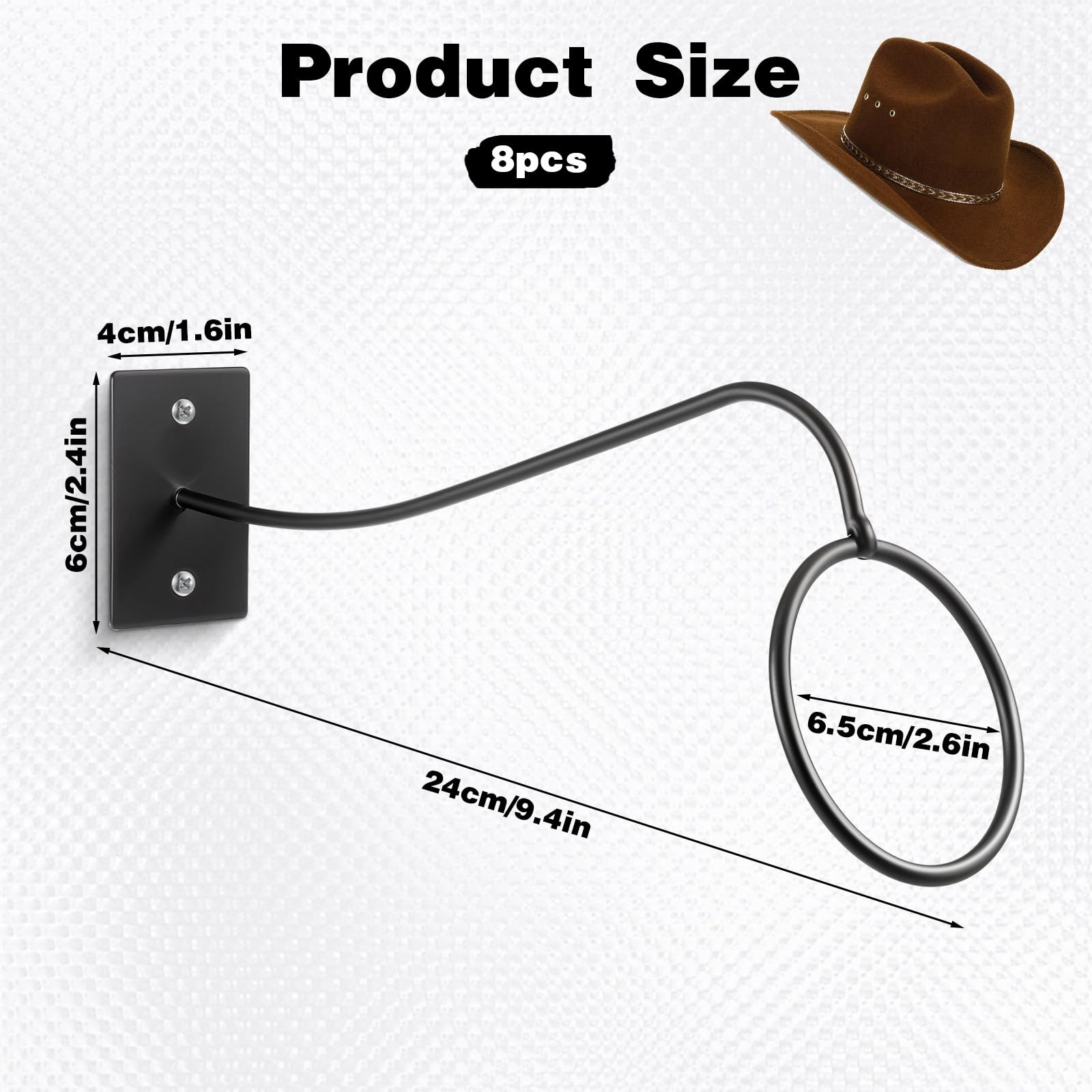 Oqqlin 8 Pcs Cowboy Hat Rack for Wall, Black Metal Cowboy Hat Holder Reusable... gallery