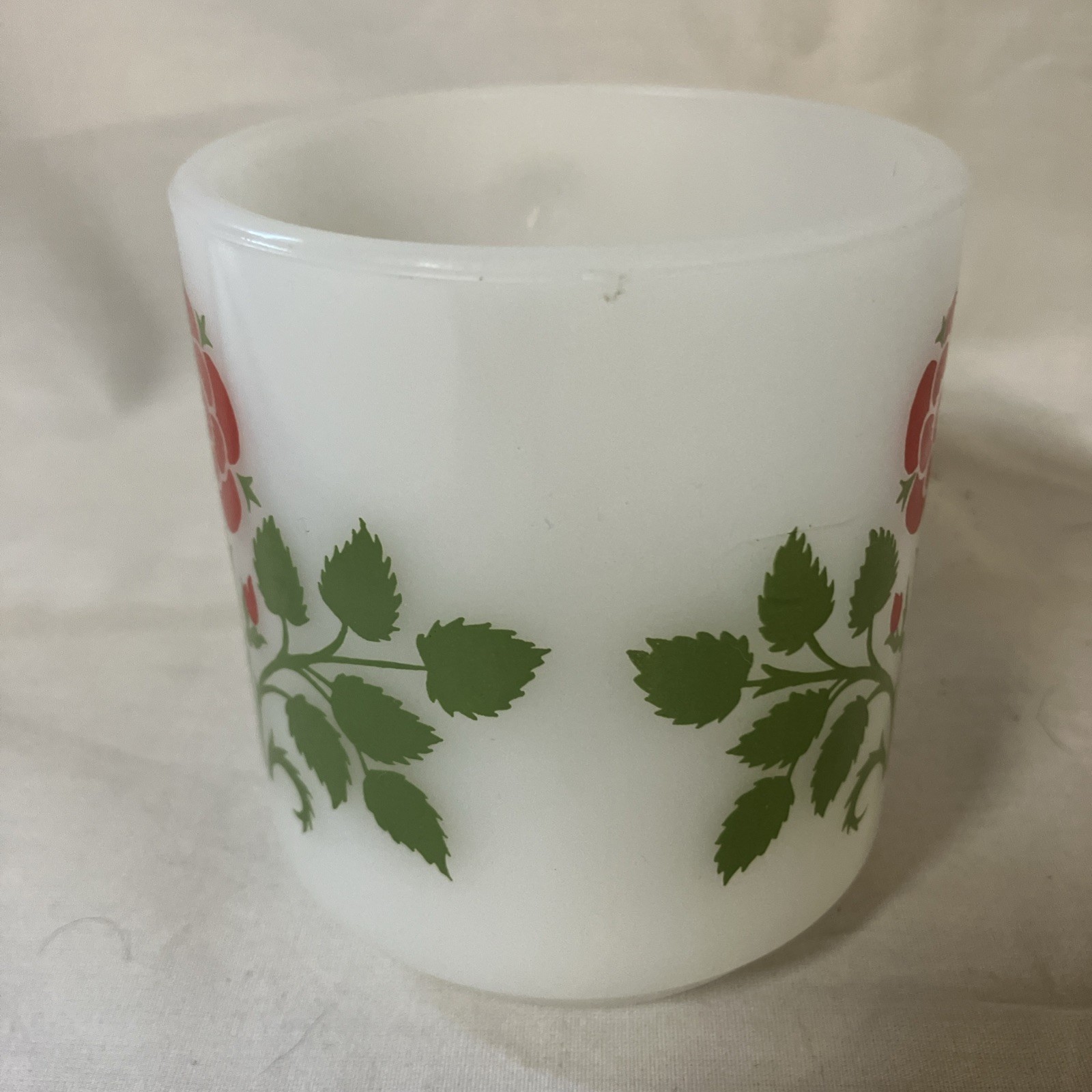 Vintage Glasbake Retro Red Rose Bud Flower Coffee Cup Mug White Milk Glass FS! gallery