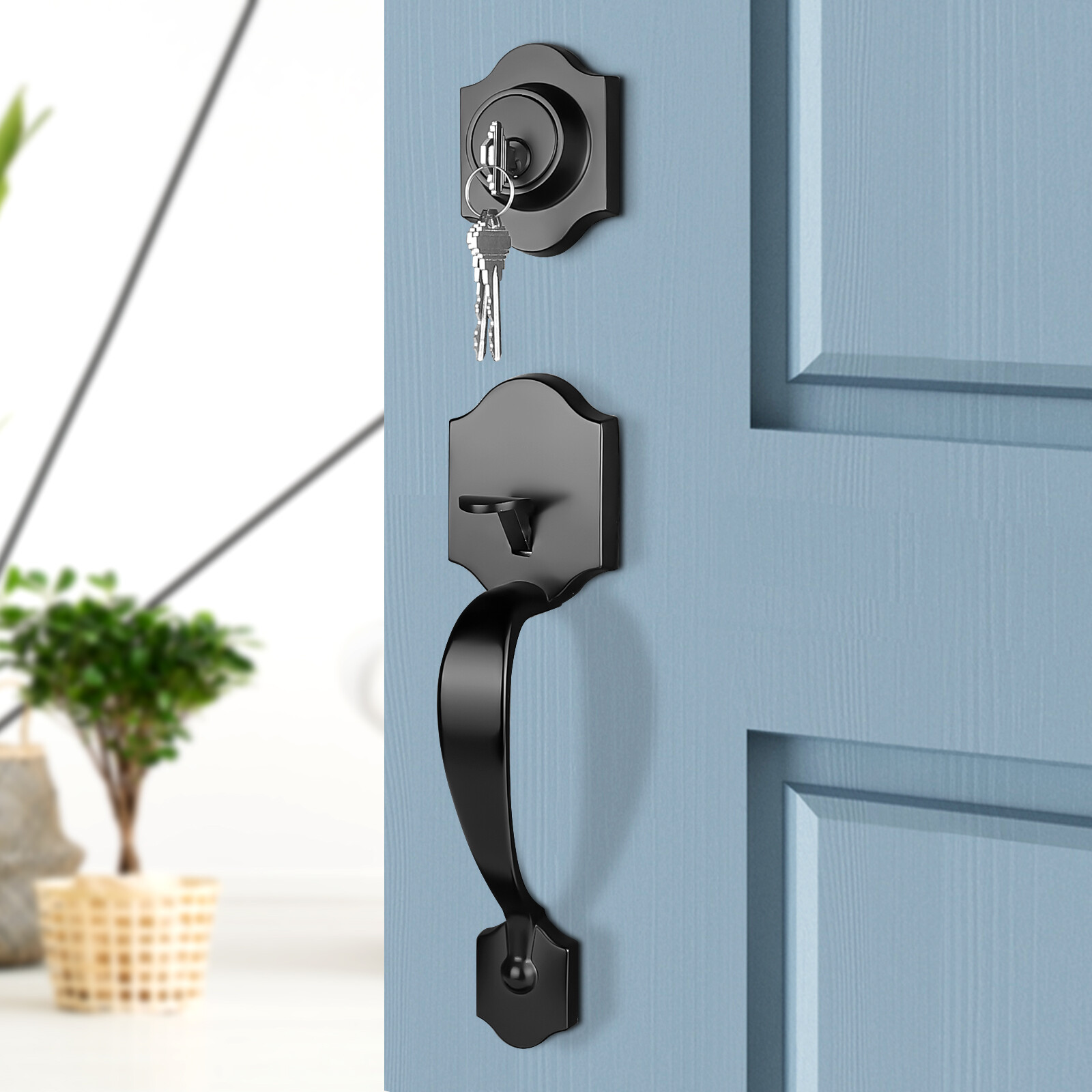 Probrico Matte Black Front Door Handle Entry Lock Set Door Levers Deadbolt Locks gallery