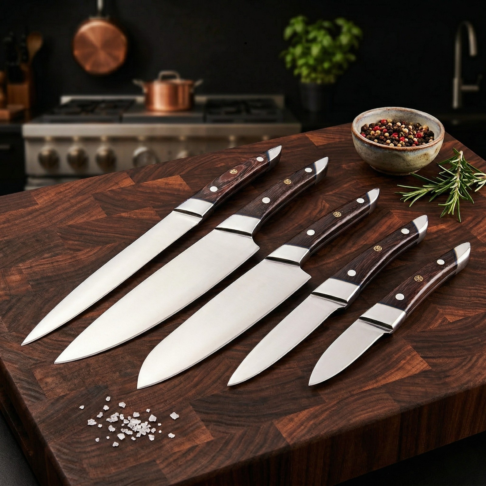 Custom 5pc Kitchen Knife Set Handmade Rosewood Mosaic Pin Professional Chef Gift gallery