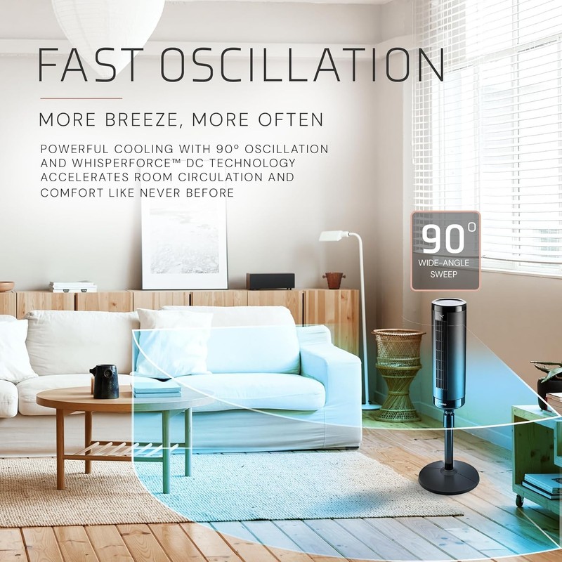 Elevation Adjustable Tower Fan 42”-54”, Pedestal Fan, 31 Ft/S Airflow, Quiet 28 gallery