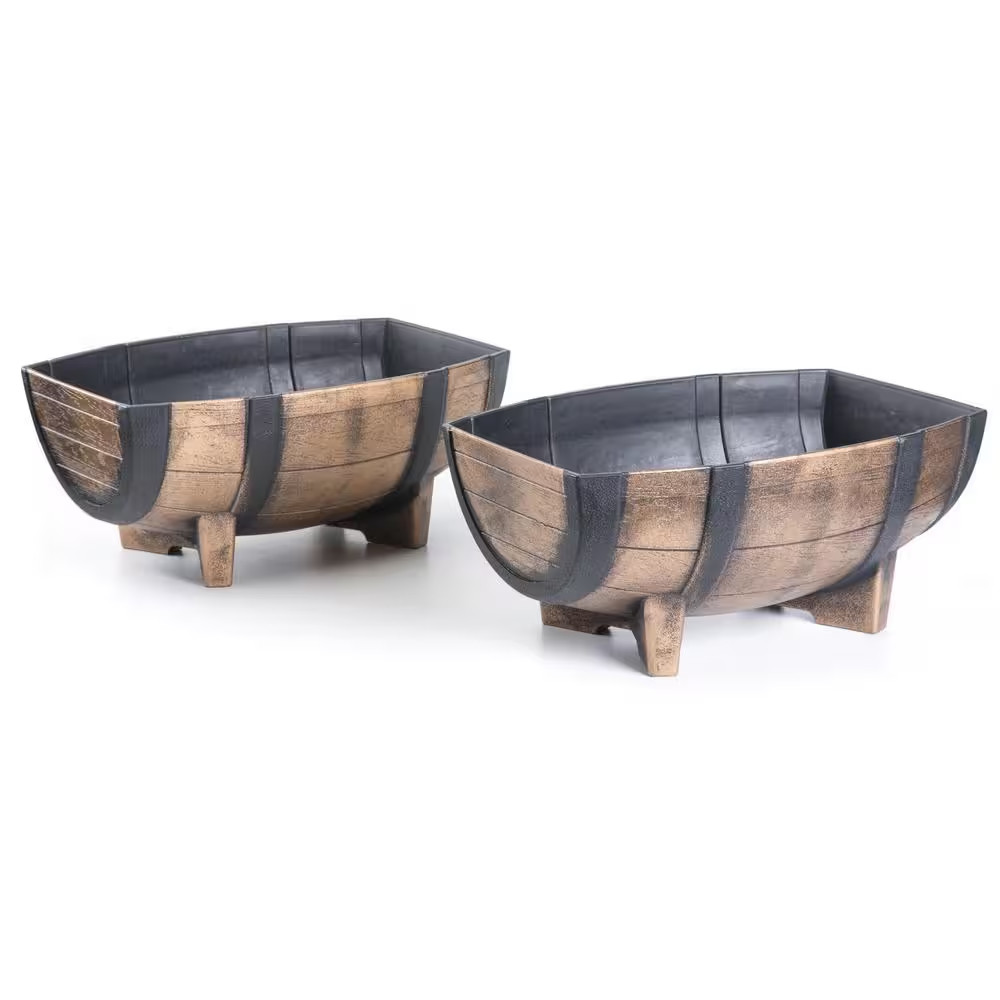 Rustic Wood-Look Plastic Half Barrel Flower Pot Garden Planter (Pack of 2) gallery