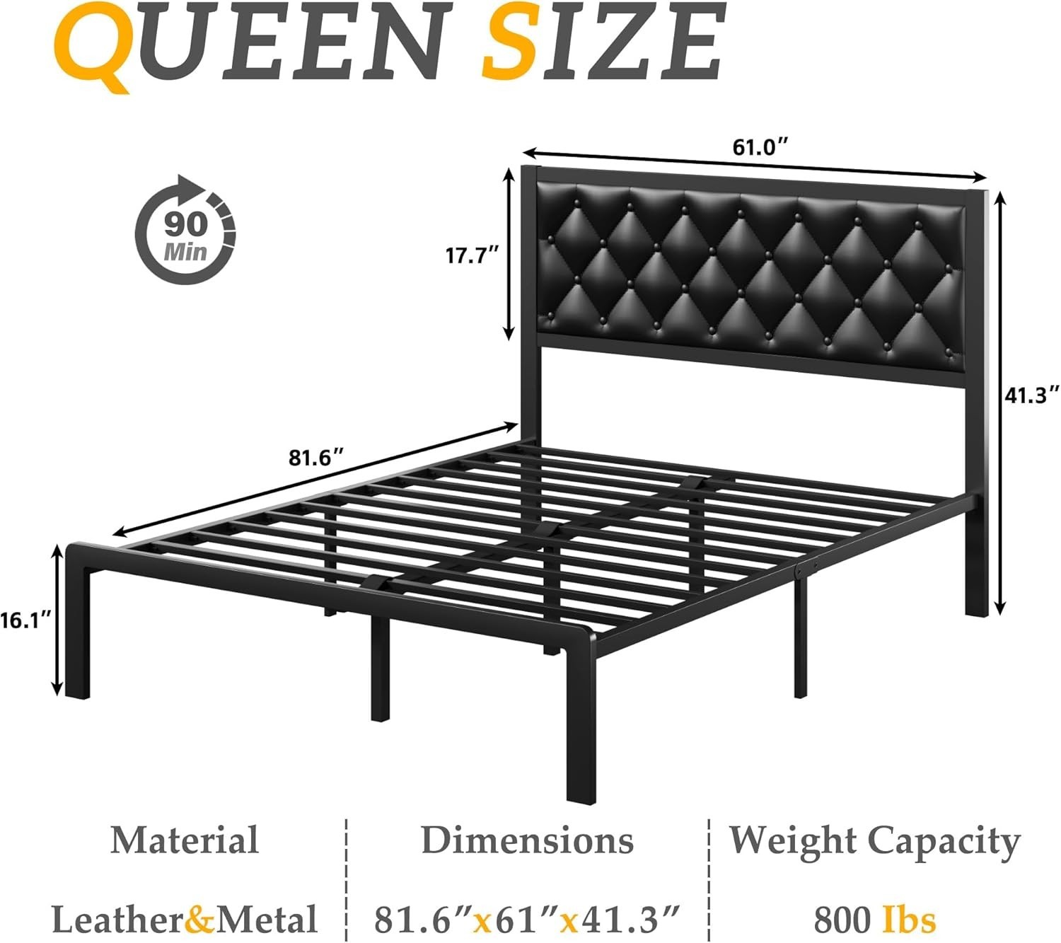 Queen Bed Frame Upholstered Button Tufted Headboard Platform Metal Slats Support gallery