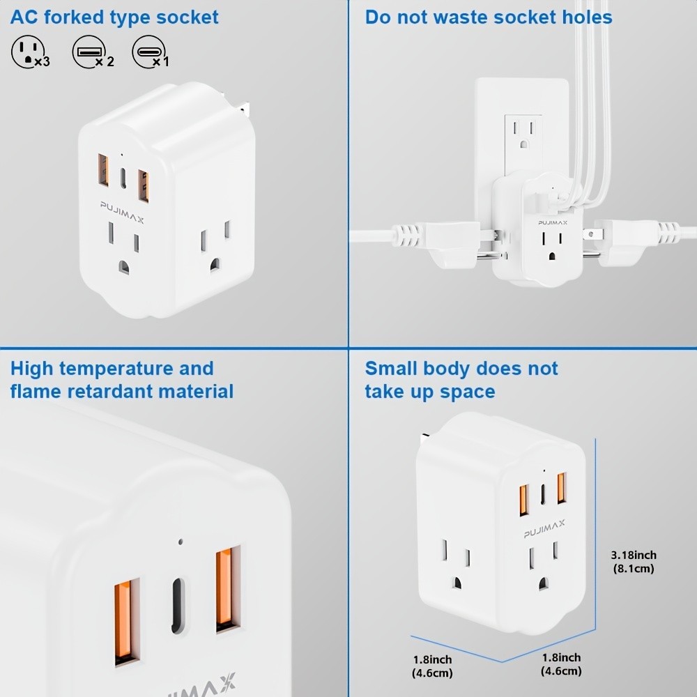 Multi Functional Wall Socket With 2 USB Ports, 1 Type-C Port, And 3 AC Plug Port gallery