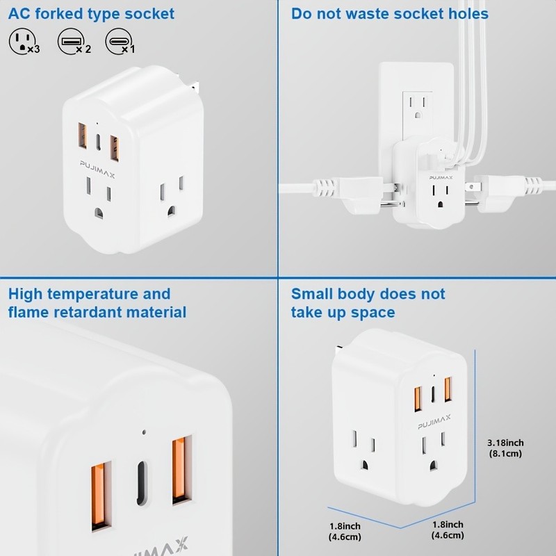 Multi Functional Wall Socket With 2 USB Ports, 1 Type-C Port, And 3 AC Plug Port gallery