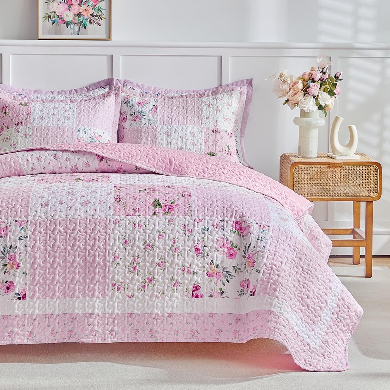 Patchwork Quilt Set Twin Size,2 Pieces Pink White Green Floral Plaid Reversib... gallery