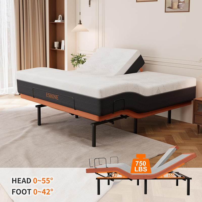 Split Top King Adjustable Bed Frame & 14" Gel Memory Foam Mattress, Orange gallery
