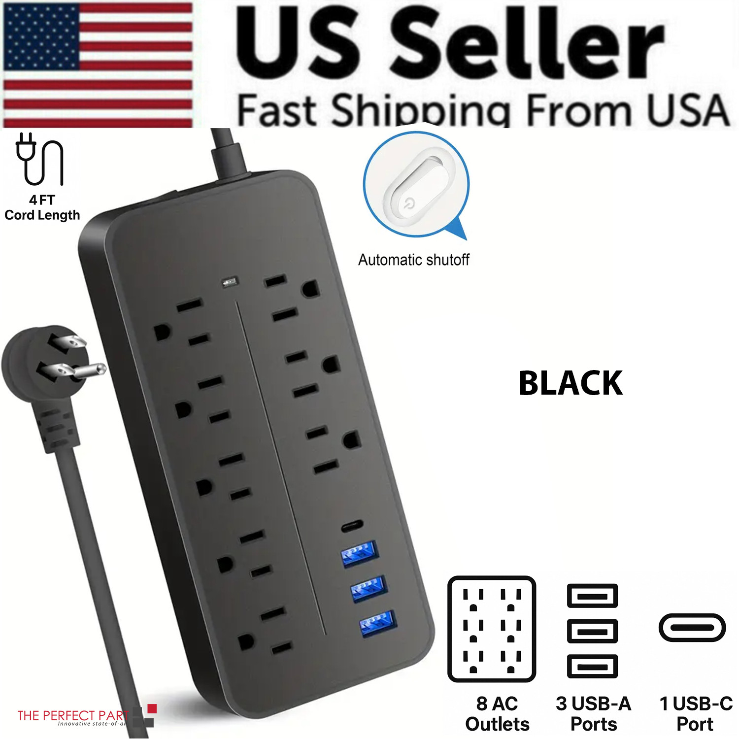 US Power Strip Surge Protector 8 AC Outlets 3 USB Ports + Type C Port 4 FT Cable gallery