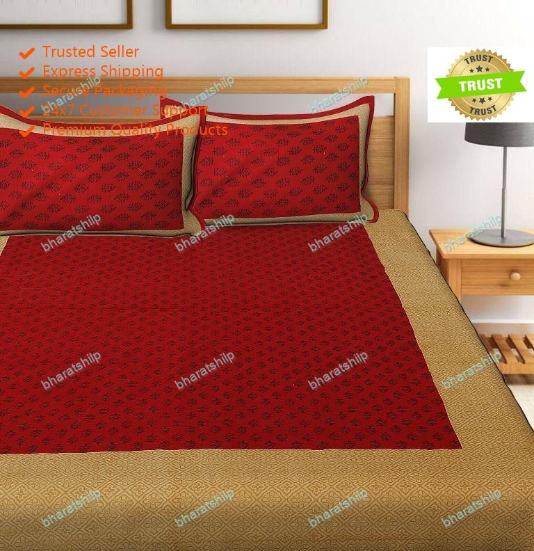 Double Bed Sheet With 2 Pillow Cover Screen Printed 4 Kaam Red Gad Buti Cotton gallery