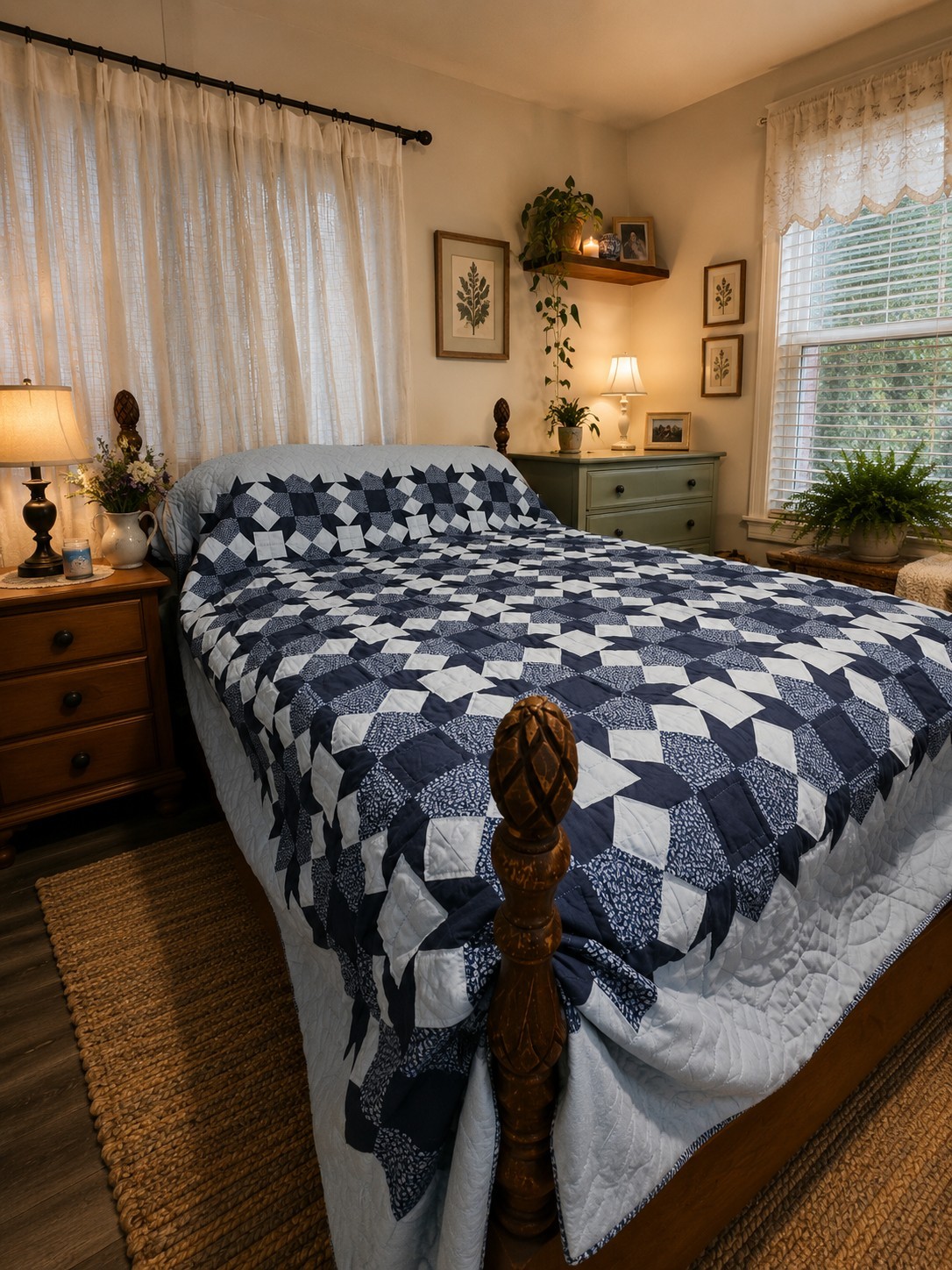 X Large HandStitched Blue White Patchwork Quilt King 106x98 Reversible Bedspread gallery