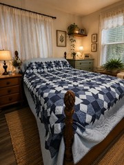 X Large HandStitched Blue White Patchwork Quilt King 106×98 Reversible Bedspread