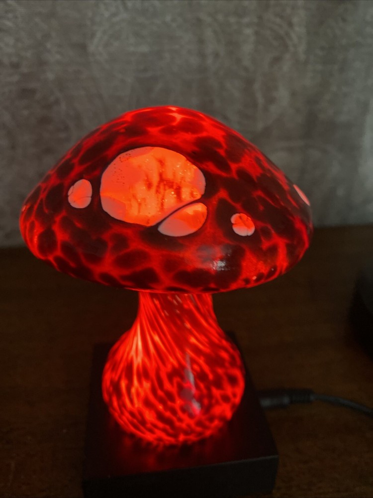 Stuart Abelman Signed hand blown red mushroom with white inclusions