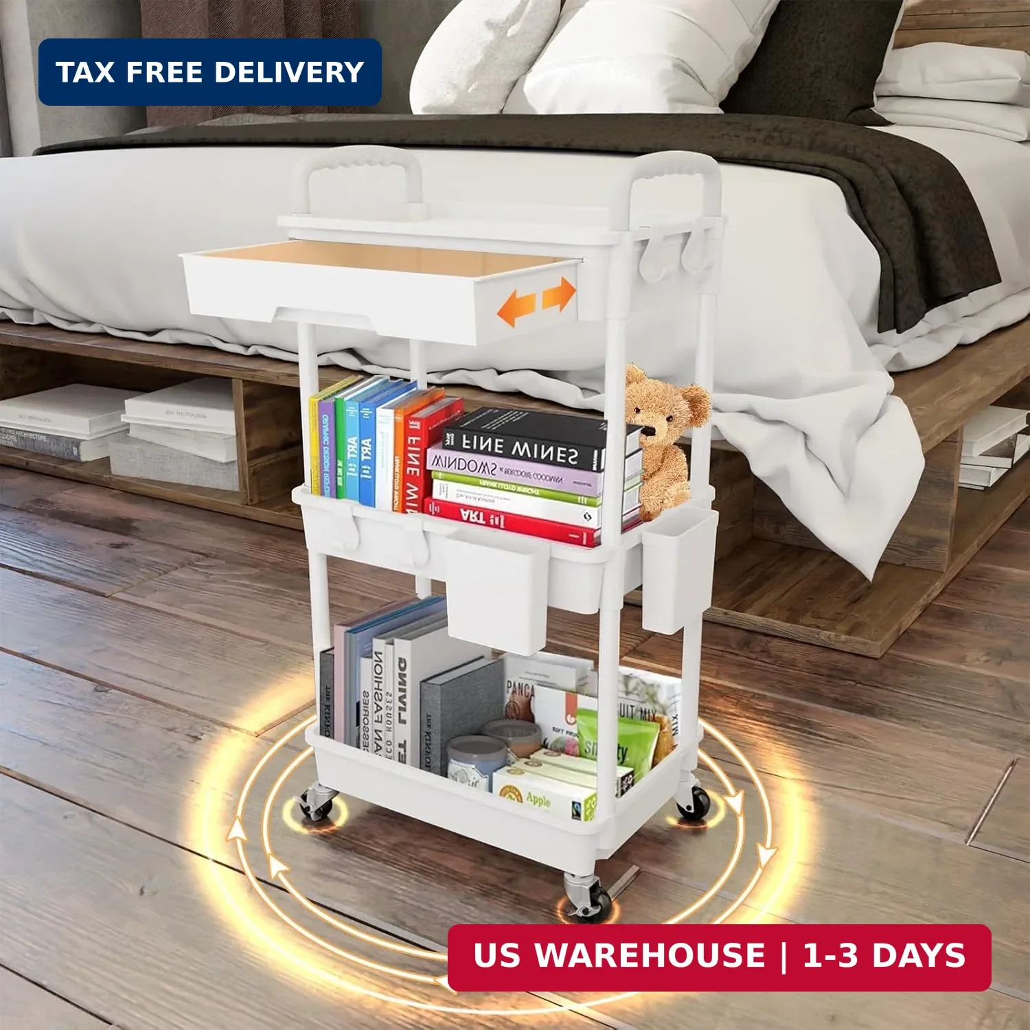 3 Tier Rolling Utility Cart with Drawer, Utility Cart Made of Multifunctional St gallery