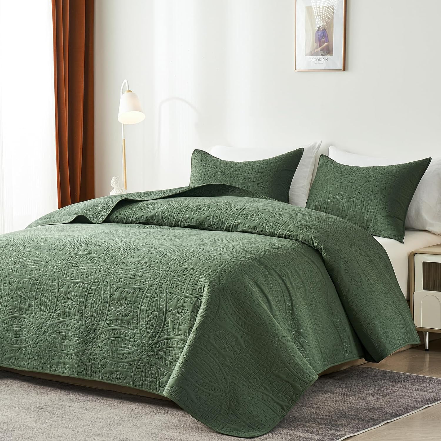 Queen Quilt Bedding Set,Olive Green Ultrasonic Full/Queen Quilt Set,Lightweight gallery