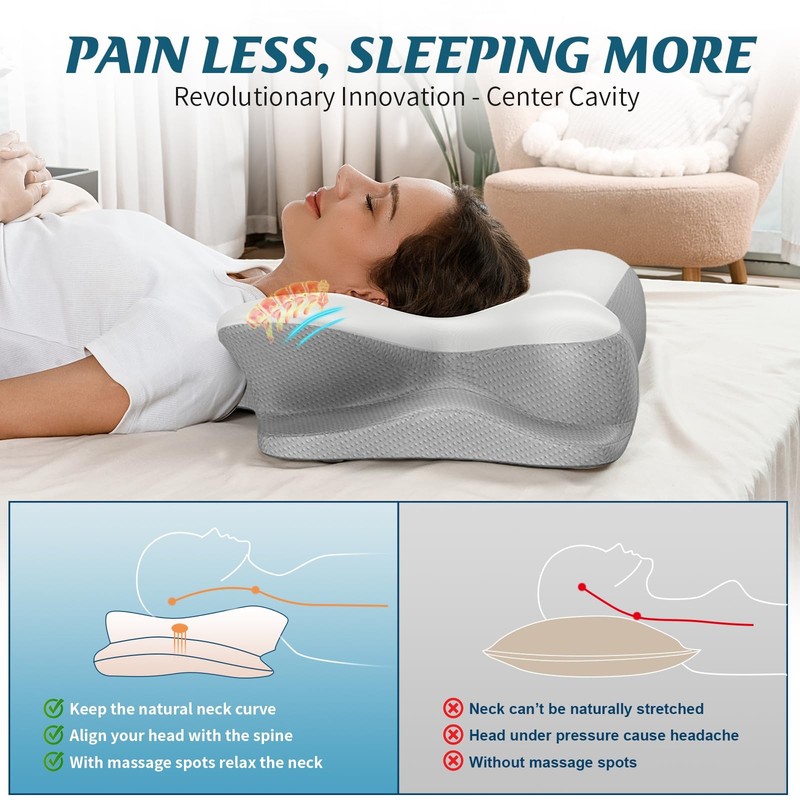 Ergonomic Neck Pillow, Memory Foam Contour, Pain Relief For Sleepers, Grey gallery