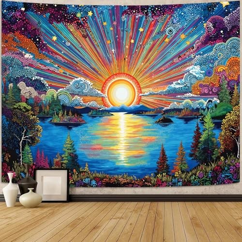 Hippie Sun Tapestry Boho Vintage Sunrise Nature Tree 48"L x 36"W Gold Blue gallery