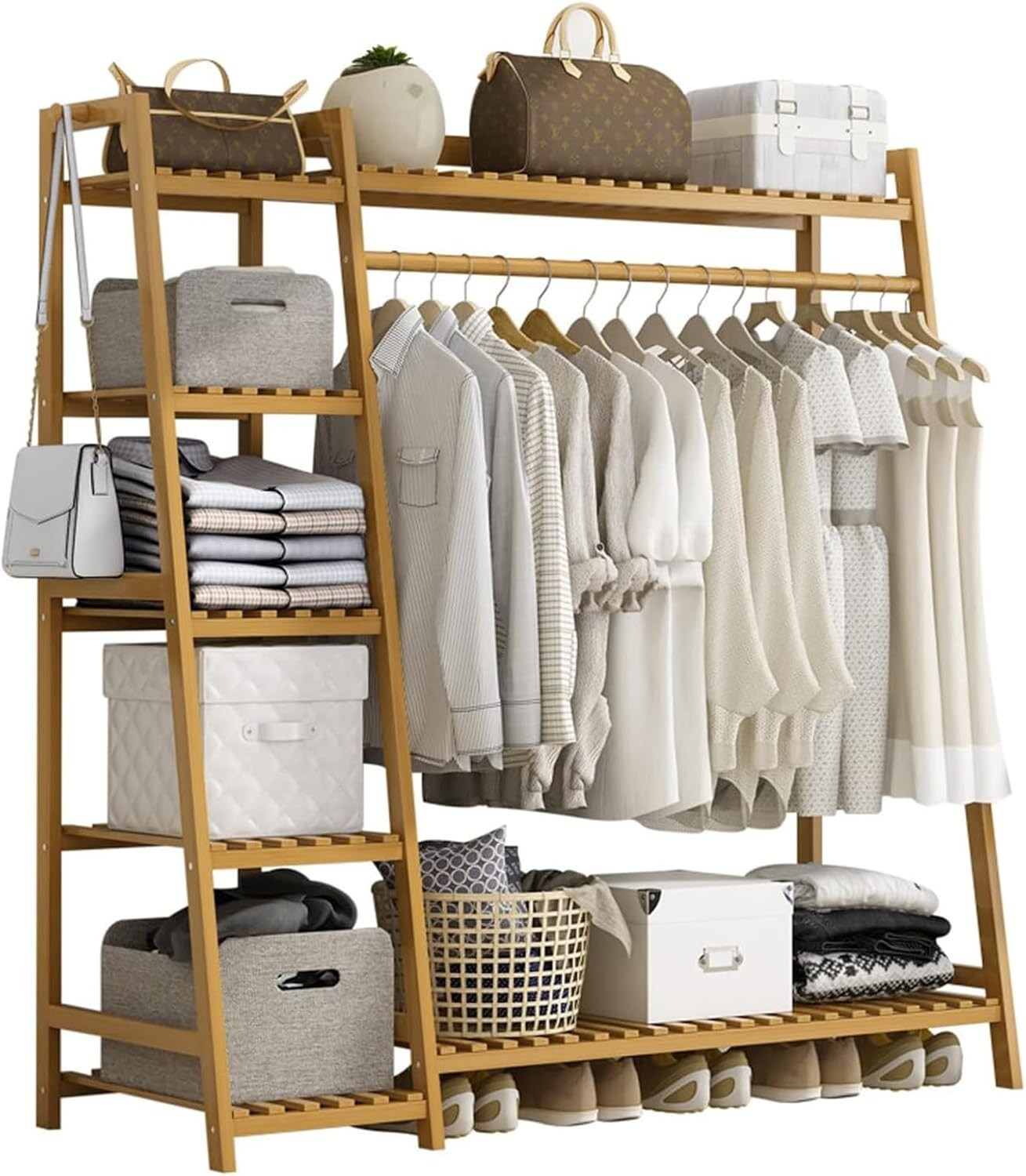 Bamboo Clothing Garment Rack Frame Portable Wardrobe Closet Clothes Hanging Rack gallery