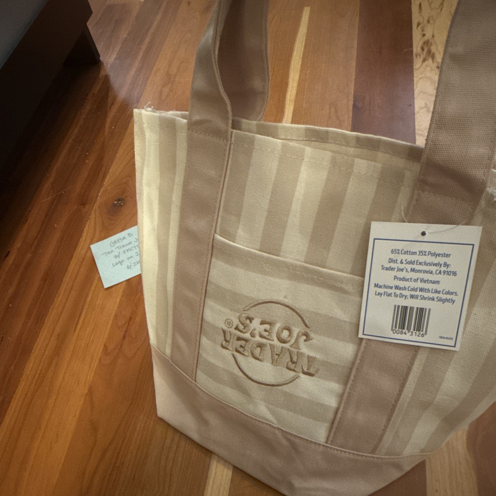 RARE DEFECT! Trader Joe's Small Reusable Canvas Striped Tote Bag Tan/White gallery