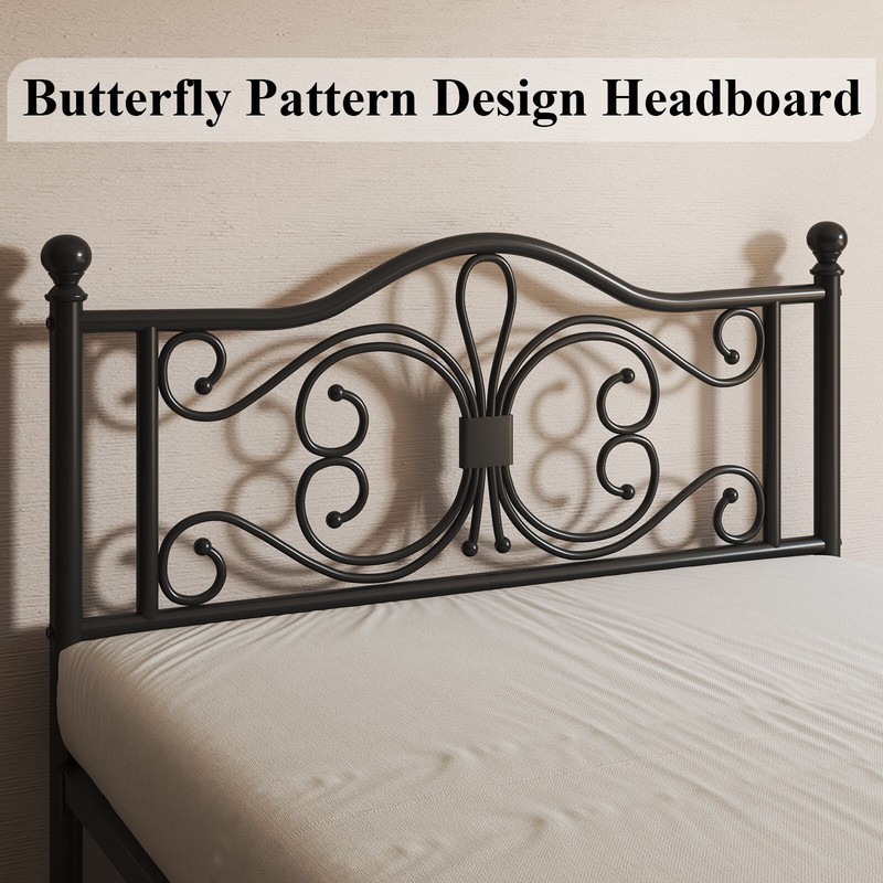 Queen Size Bed Frame with Butterfly Pattern Design Strong Metal Slats Support gallery