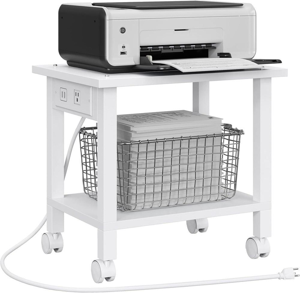 2 Tier Printer Stand Rolling Printer Cart W/ Power Outlets & USB Ports Mobile