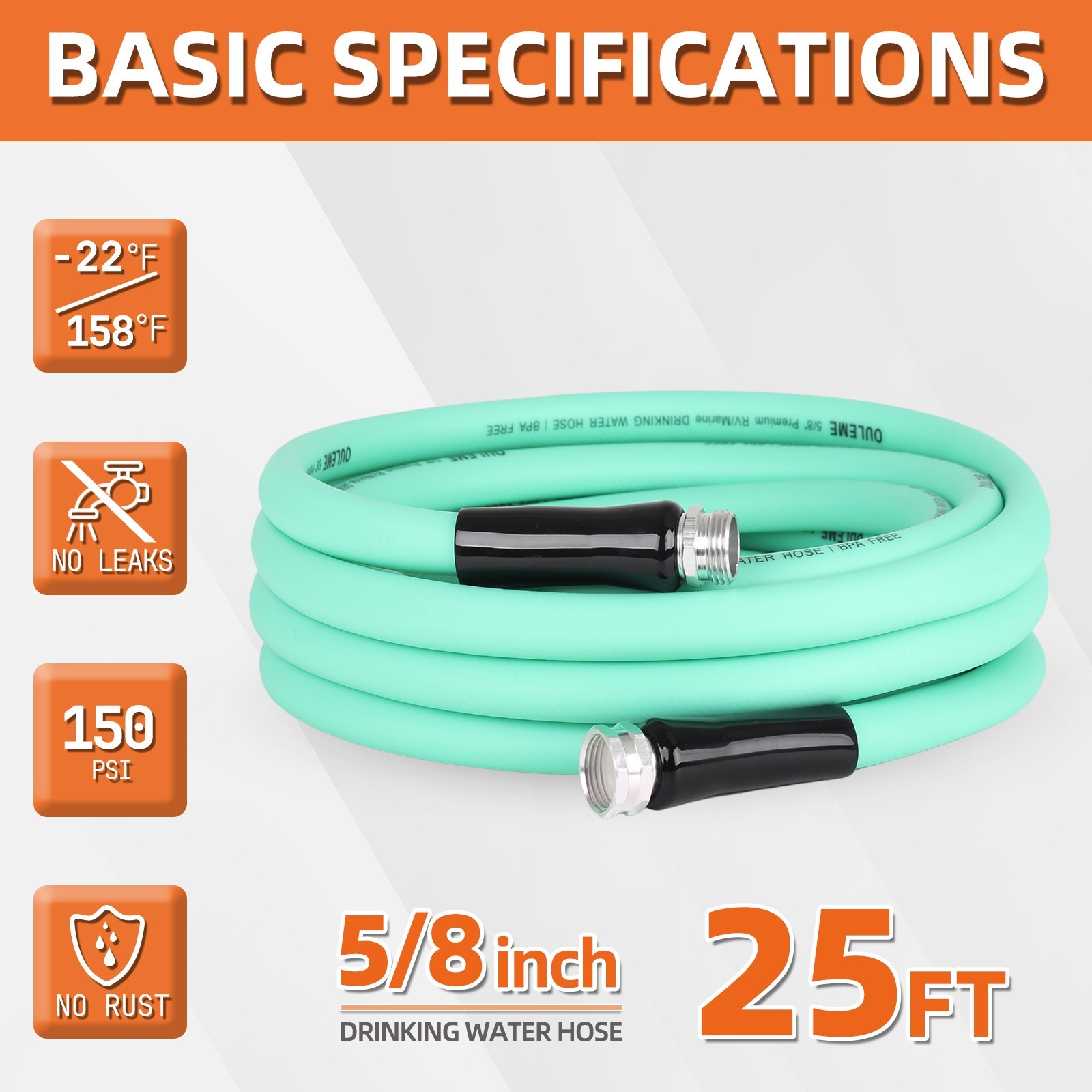 OULEME 25/35/75ft RV Drinking Water Hose, 5/8" with Aluminum Fittings gallery