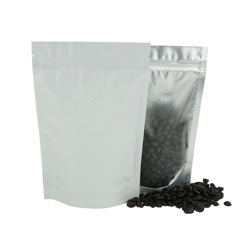 QQ Studio Bag for Coffee Grinds, White Stand Up Pouch with Valve for Beans