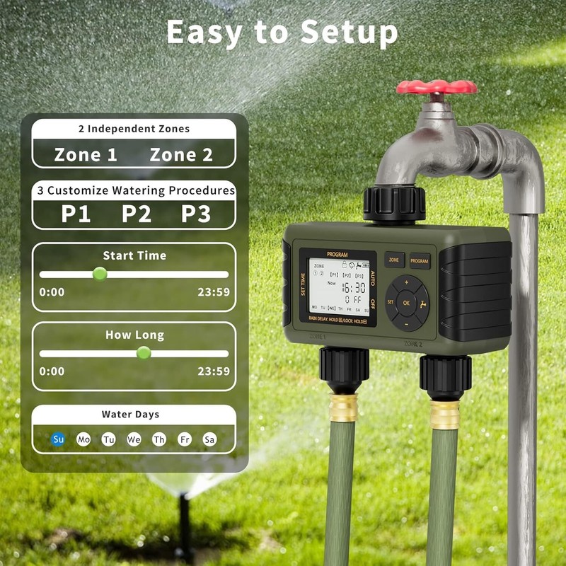 Sprinkler Timer 2 Zone Water Timer Outdoor Irrigation with Rain Delay for Garden gallery