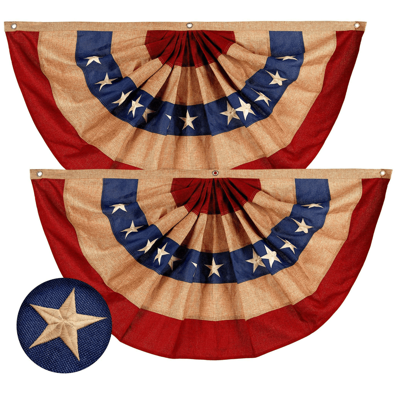 2 Pack: USA Tea Stained Pleated Fan Flag 3x6FT Burlap Embroidered gallery