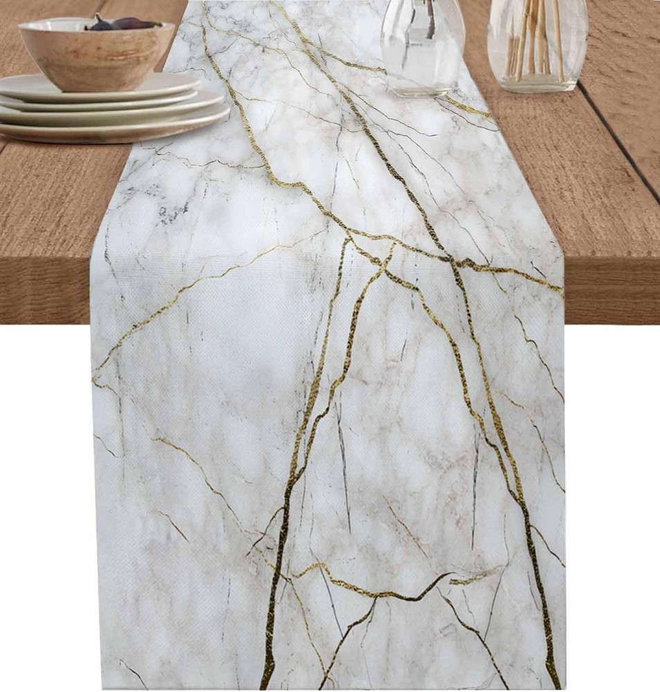 Marble Table Runner-Cotton Linen-Long 72 inche White Gray Gold Dresser Scarves,T