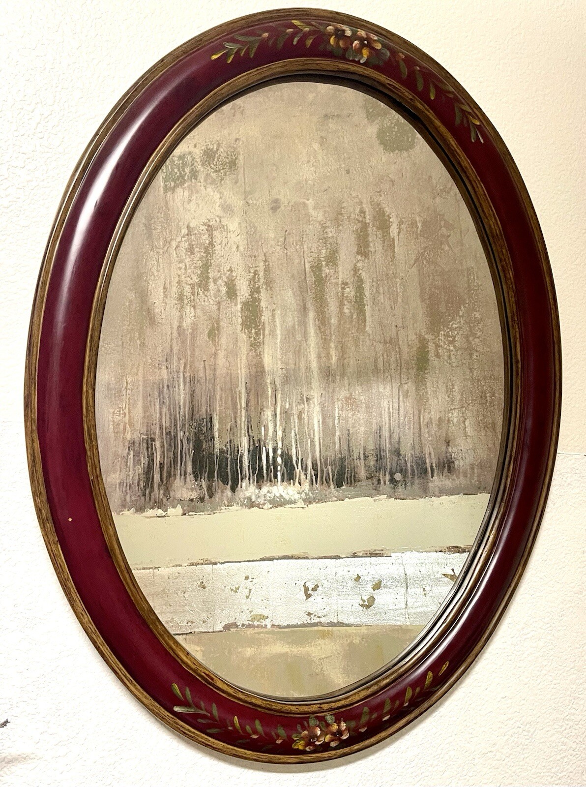 Silkroad Exclusive Hand-painted Oval Wooden Framed Wall Hanging Mirror 33x24" gallery