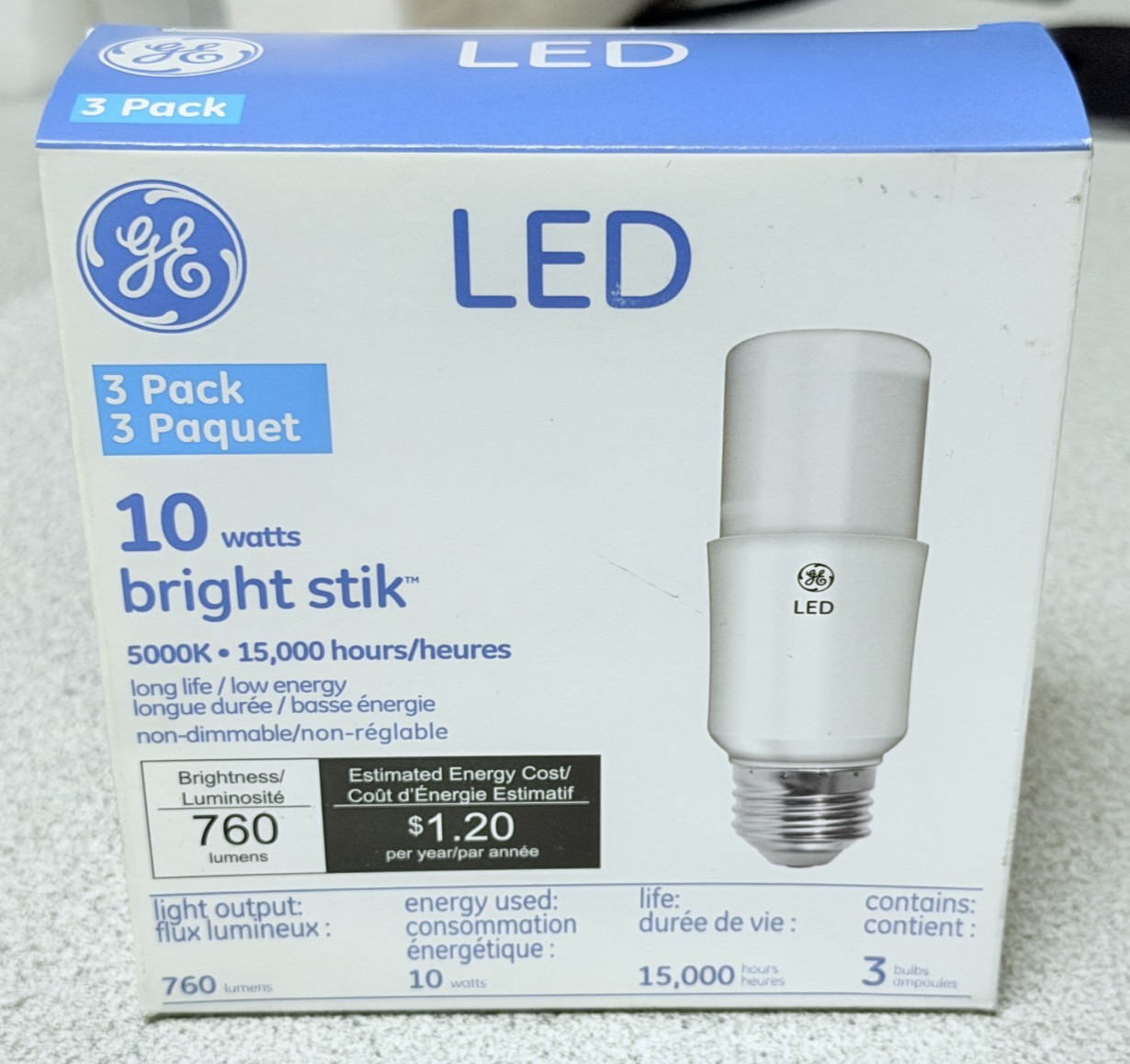 NEW 3 Pack GE Bright Stik 9W LED Bulbs, 5000K Daylight 760 Lumens E26 Base gallery