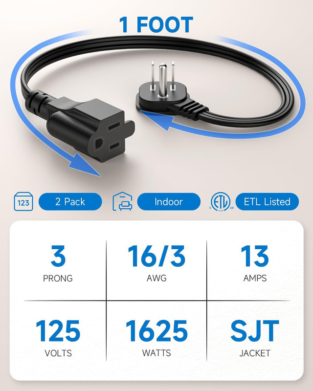Flat Plug 1Ft Short Extension Cord, 90-Degree Plug Low Profile Power Adapter, 3- gallery