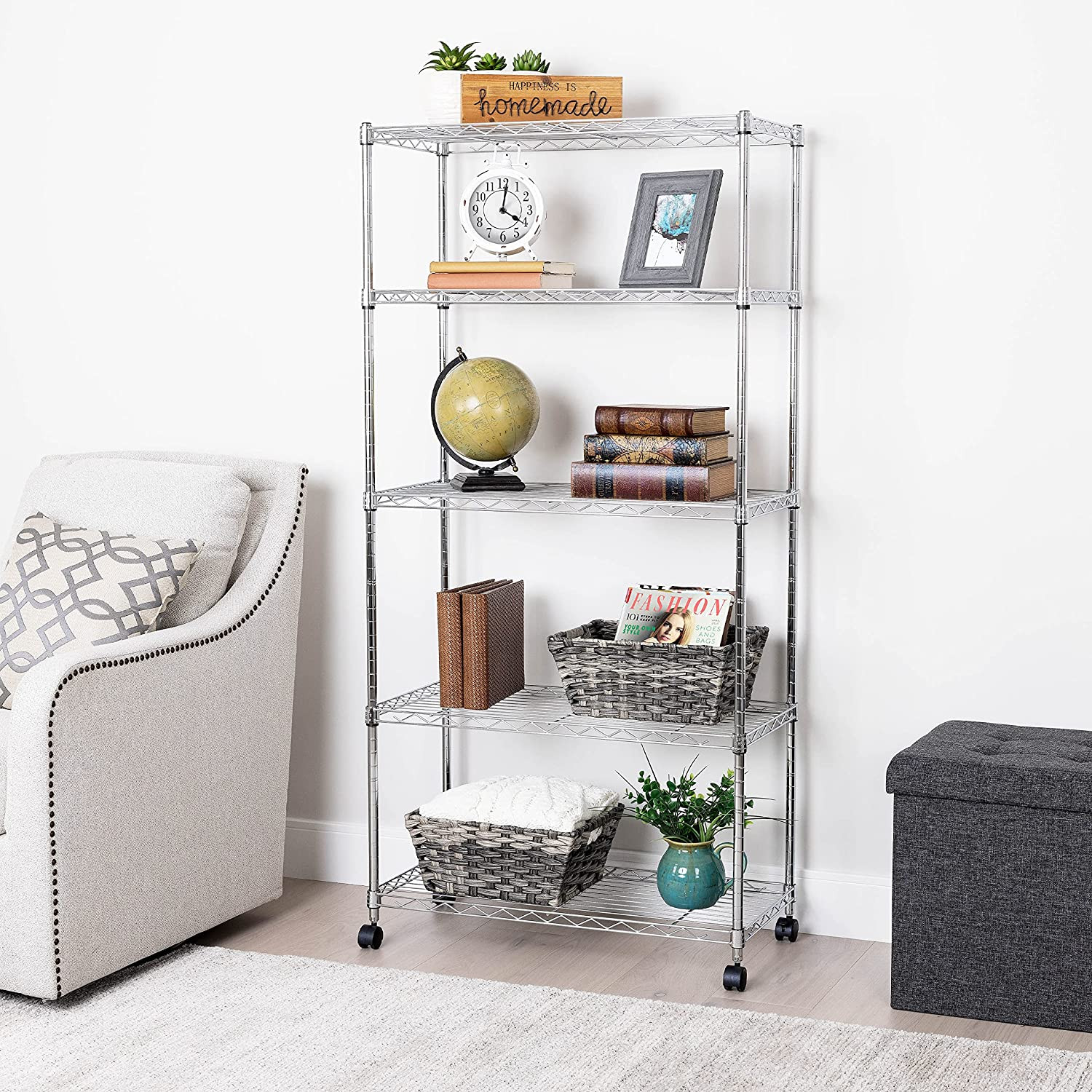 5-Tier Rolling Wire Shelving Unit, 30"W x 14"D, Chrome Plated Steel gallery