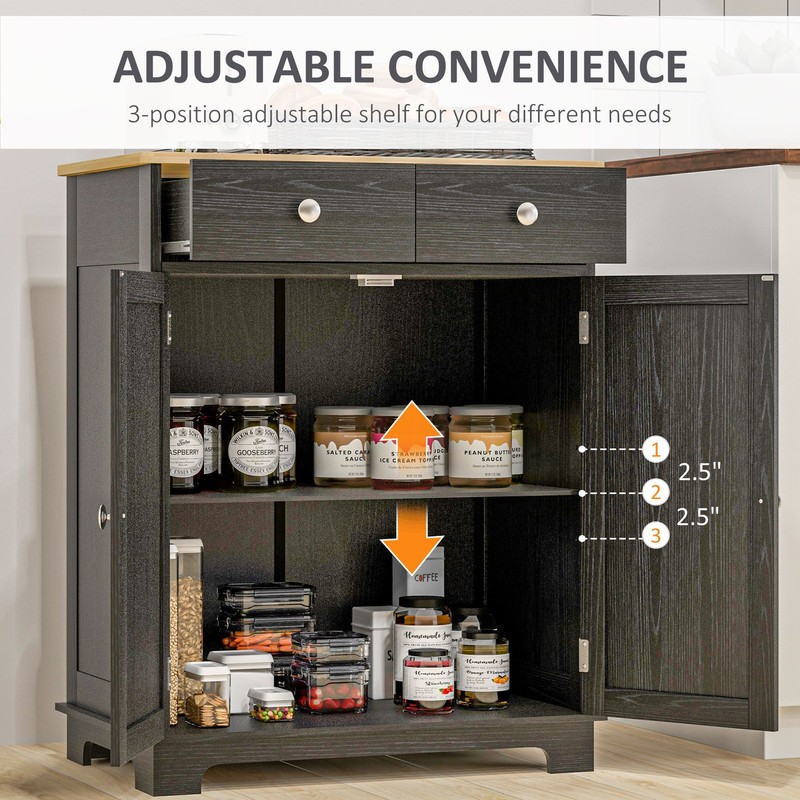 Kitchen Storage Cupboard Organizer Cabinet w/2 Drawers & Adjustable Shelf, Black gallery