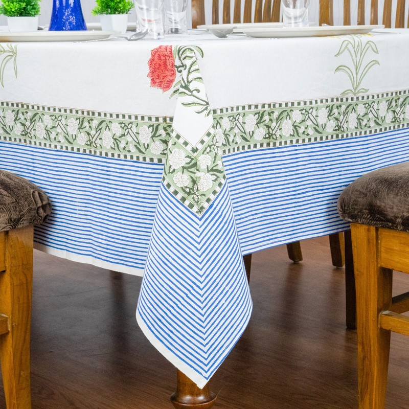 White & Blue, Floral Block Printed Table Cover, Rectangular Christmas Tablecloth gallery