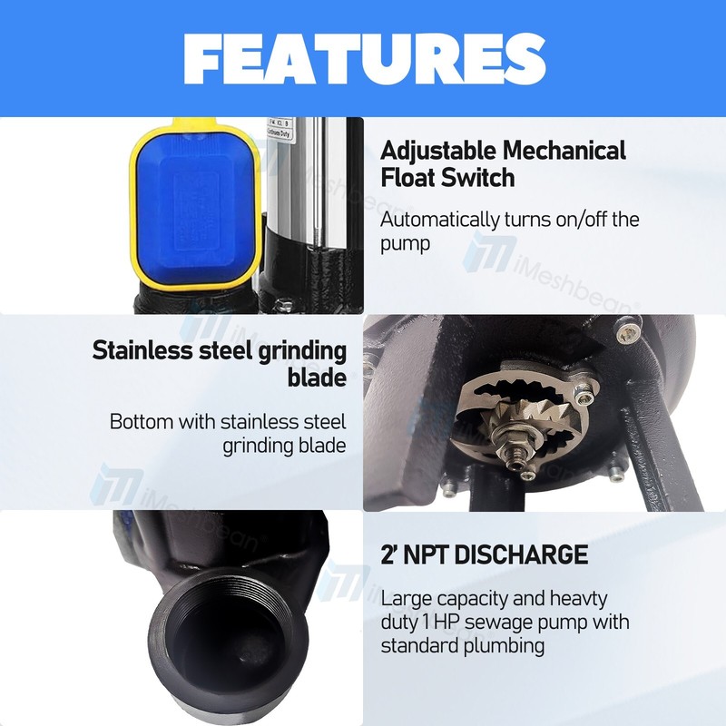 1.5HP Sewage Grinder Sump Pump W/Float Heavy Duty Stainless Steel 6000GPH 110V gallery