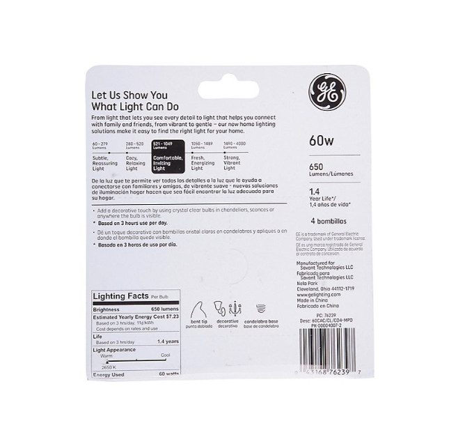 GE Crystal Clear CA Type Candelabra Base 60W 4ct Light Bulbs gallery