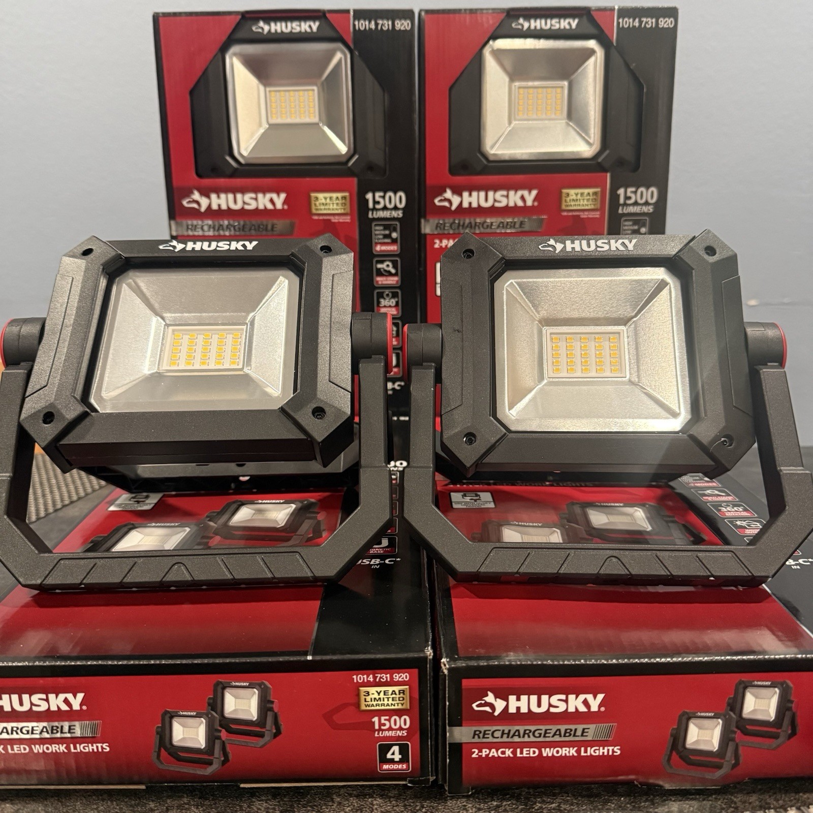 Husky 1500 Lumen Portable Rechargeable LED Work Lights 2Pack USB-C Magnetic 360° gallery