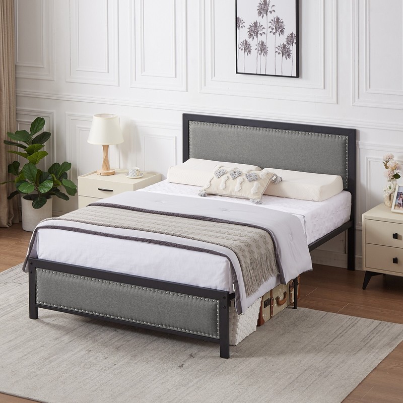 Twin/Full/Queen Bed Frame with Upholstered Headboard Heavy Metal Slats Platform gallery