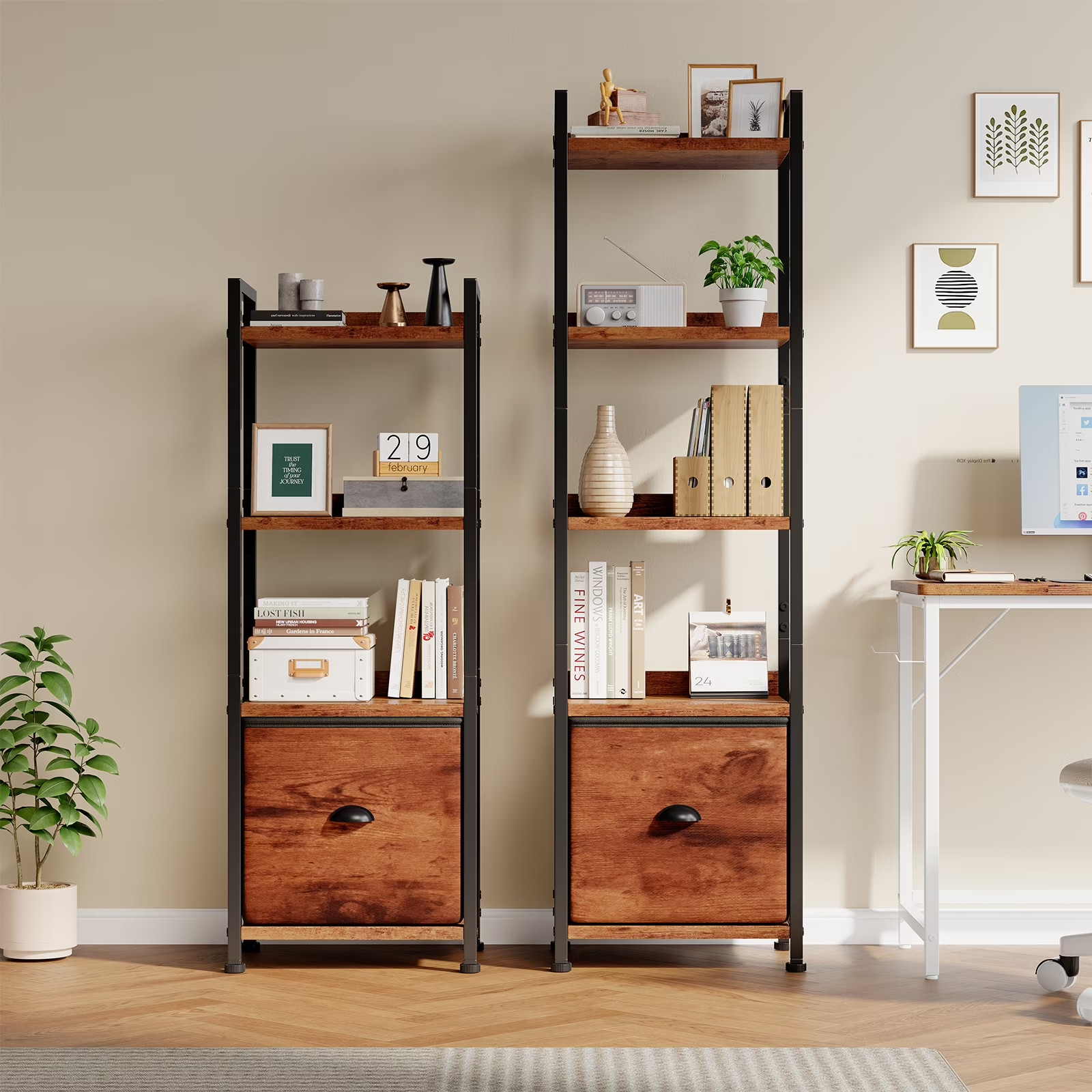 CONCETTA 5-Tier Tall Narrow Bookshelf with Drawer, Wood & Metal Storage gallery