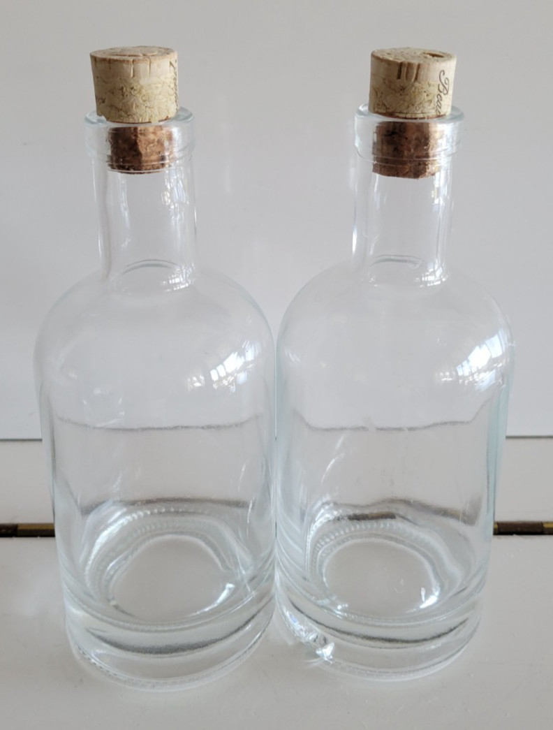 2 THICK GLASS CLEAR BOTTLES APOTHECARY WITH CORK LIDS 7 INCHES HOLDS 8 OZS gallery