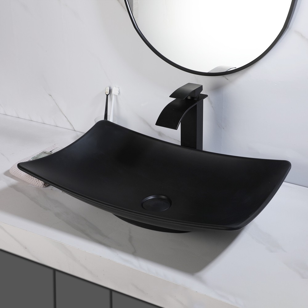 Stone Bathroom Rectangle Vanity Vessel Sink Above Counter Basin & Drain Faucet