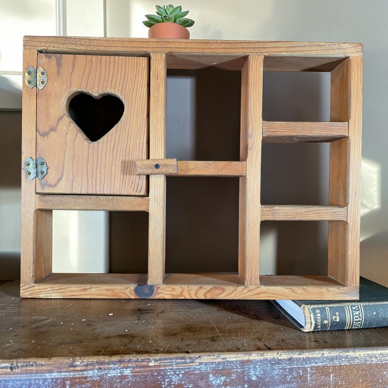 Vintage Rustic Wood Shadow Box Wall Shelf Heart Cutout Curio Display Cabinet gallery