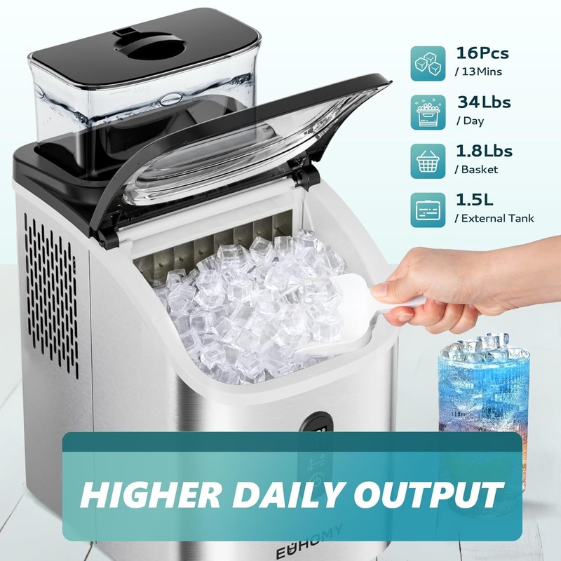 Euhomy Ice Cube Maker 34Lbs Countertop w/ Water Tank, Auto-Clean, Scoop & Basket gallery