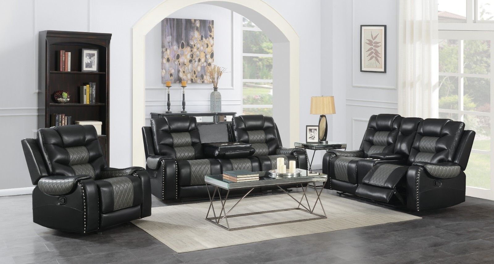 NEW Two-Tone 3PC Leather Black Gray Sofa Loveseat Chair 5-Recliner Living Room gallery