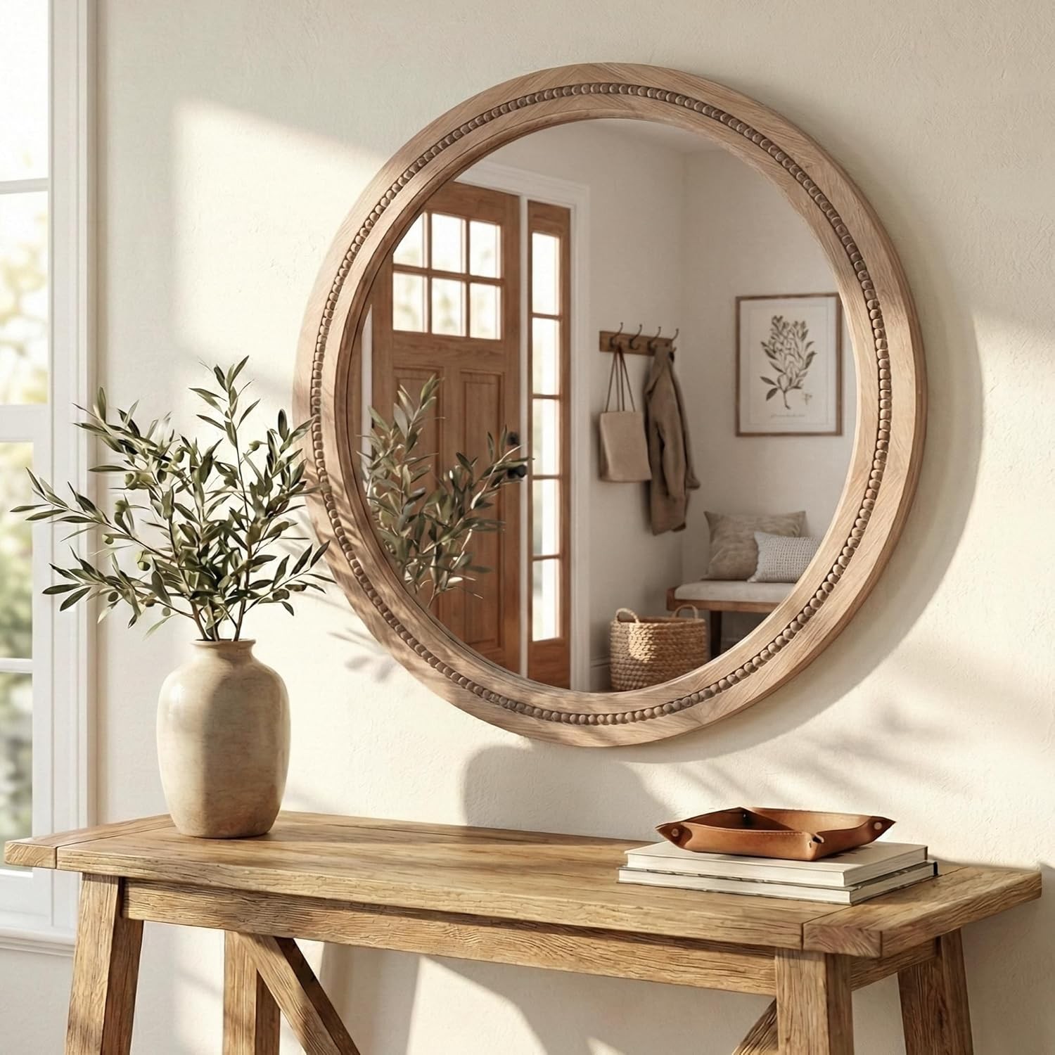 30" Round Solid Wood Mirror, Handcrafted Beaded Circle for Bathroom Vanity gallery