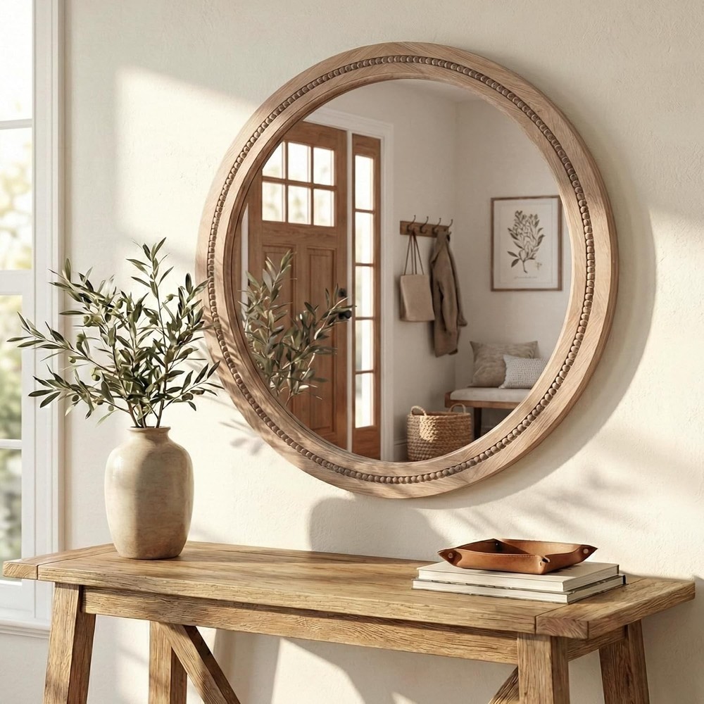 30" Round Solid Wood Mirror, Handcrafted Beaded Circle for Bathroom Vanity