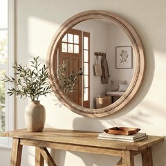 30″ Round Solid Wood Mirror, Handcrafted Beaded Circle for Bathroom Vanity