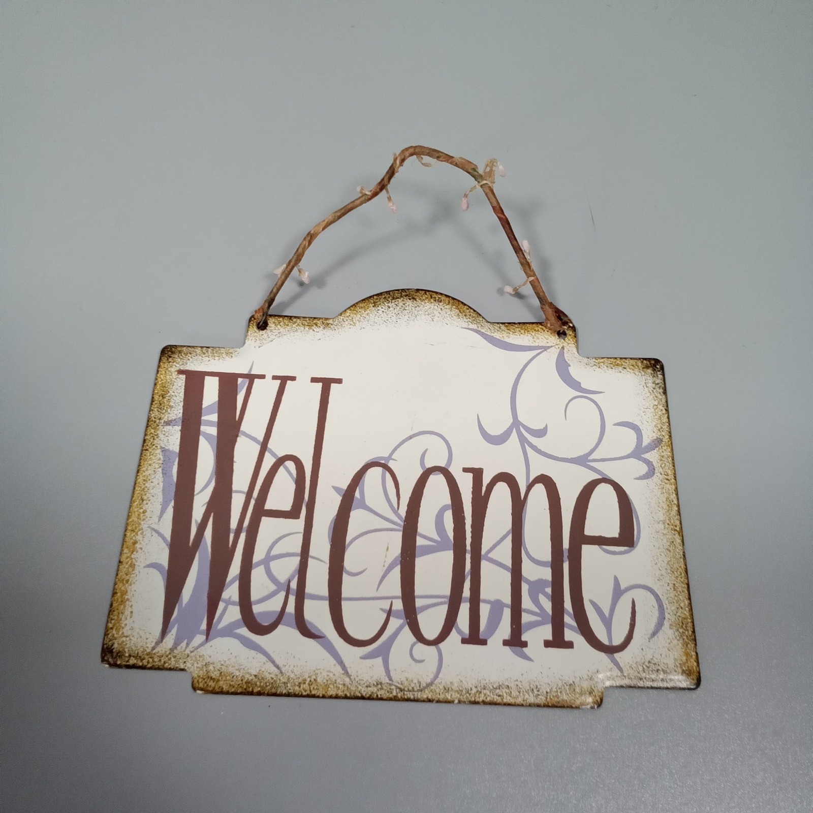 Rustic Metal Welcome Sign Distressed Wall Plaque with Pip Berry Wire Hanger 8x6 gallery